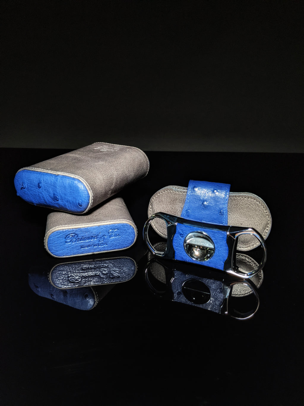 Brizard and Co. Blue Ostrich and Gray Leather Cigar Case and V-Cutter