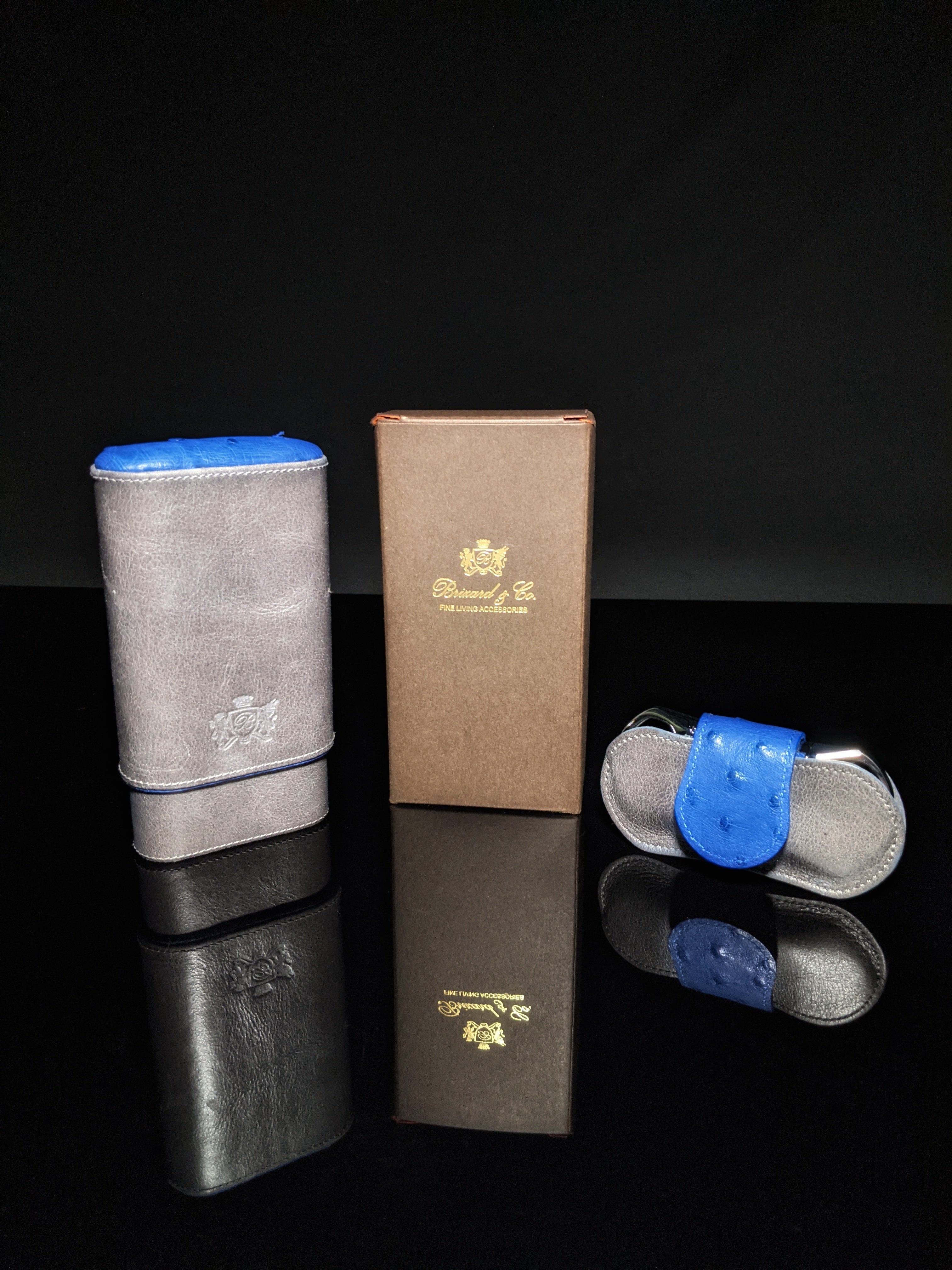 Brizard and Co. Blue Ostrich and Gray Leather Cigar Case and V-Cutter