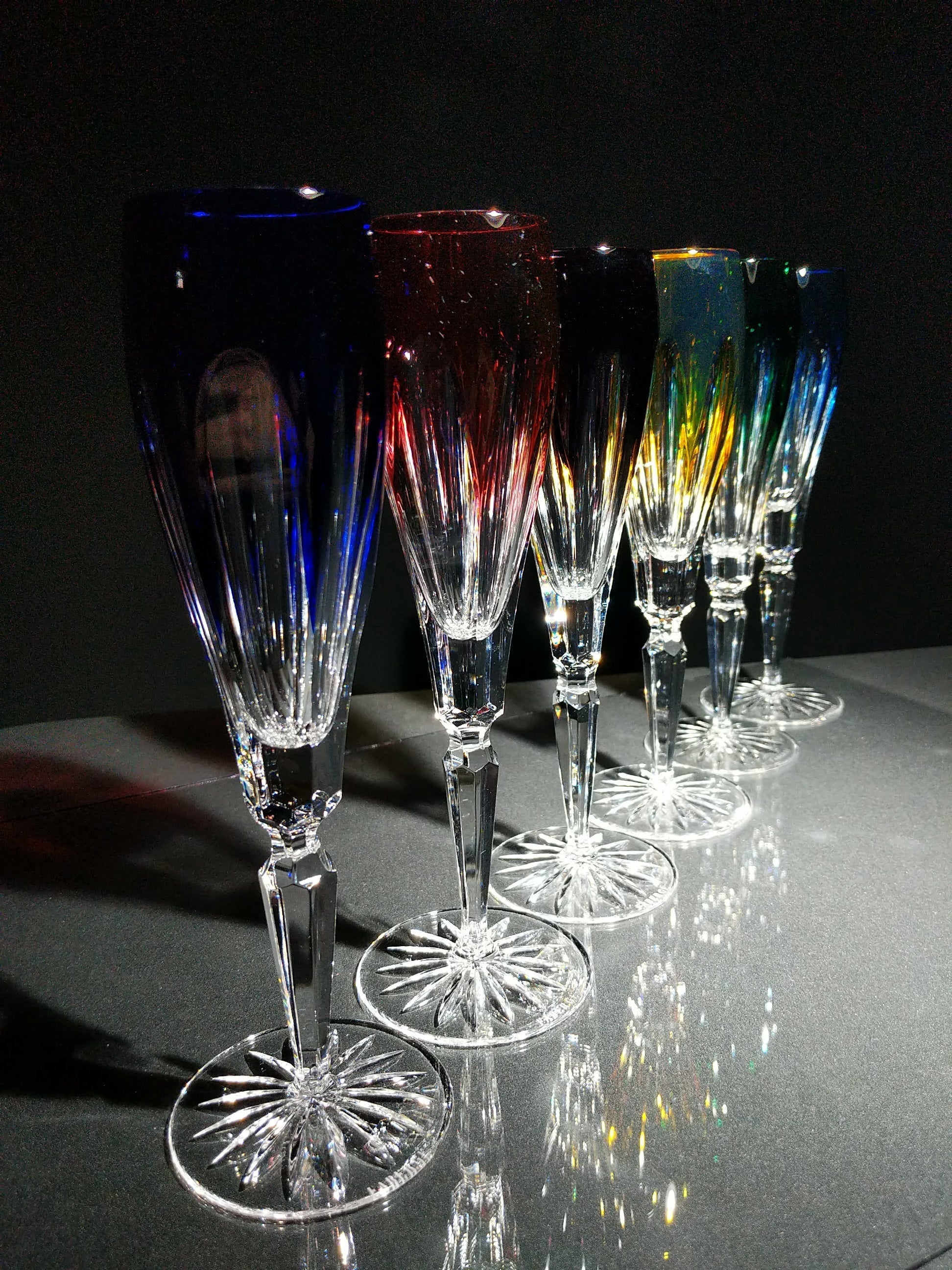 Faberge Lausanne Crystal Colored Champagne Flutes