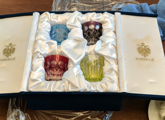 Faberge Crystal Colored Whiskey Glasses Set of 4 NIB