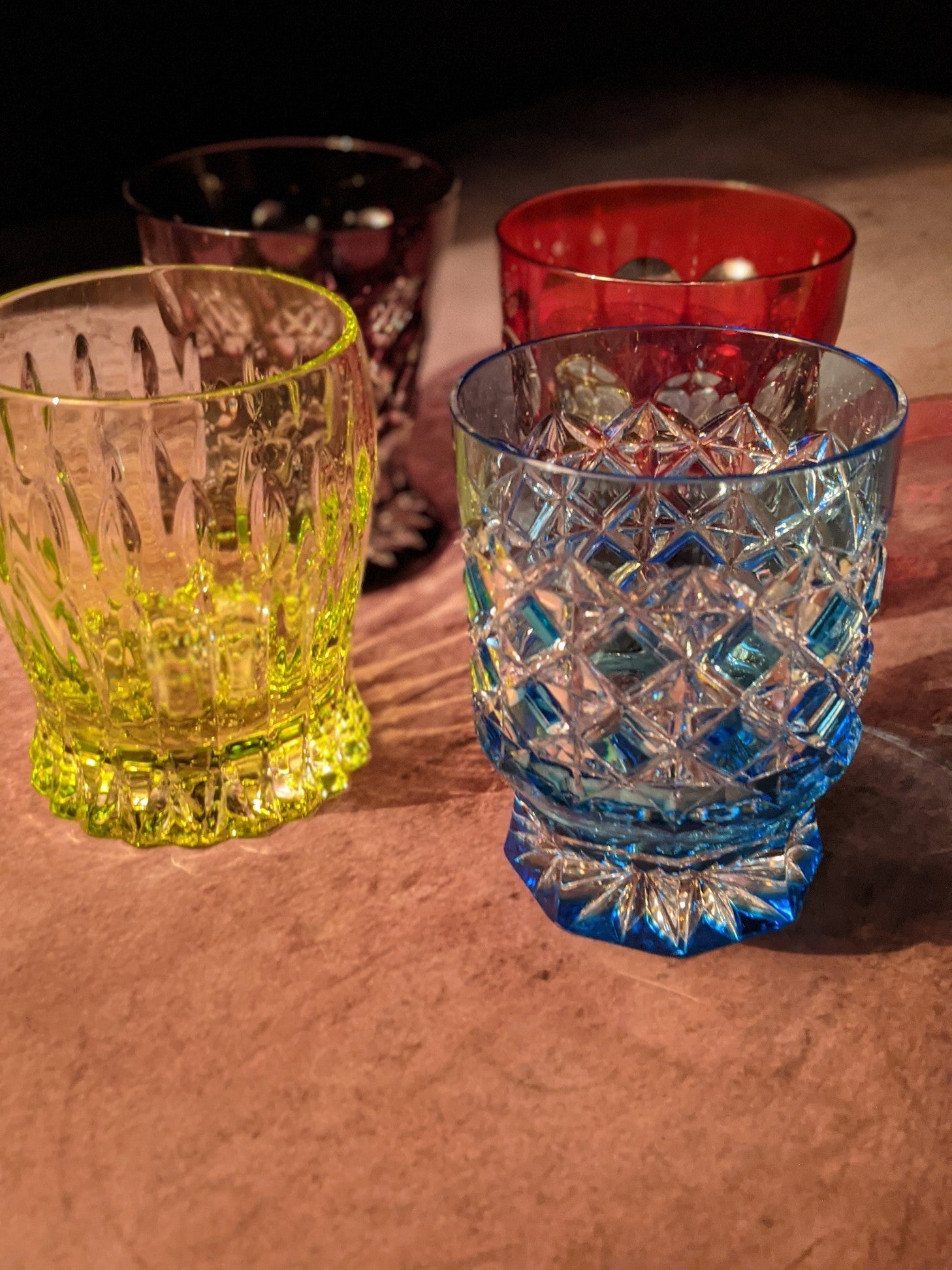 Faberge Crystal Colored Whiskey Glasses Set of 4 NIB