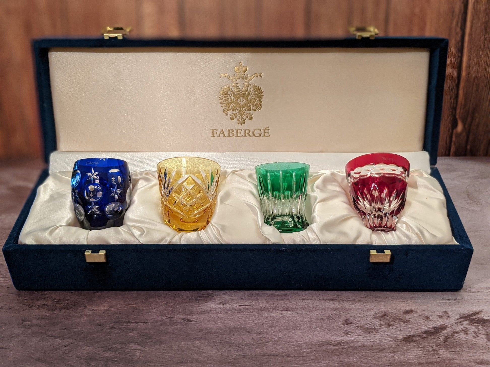 Faberge Crystal Colored Shot Glasses NIB