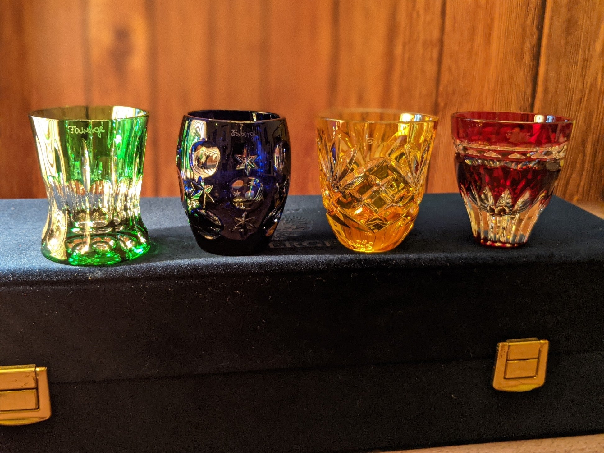 Faberge Crystal Colored Shot Glasses NIB