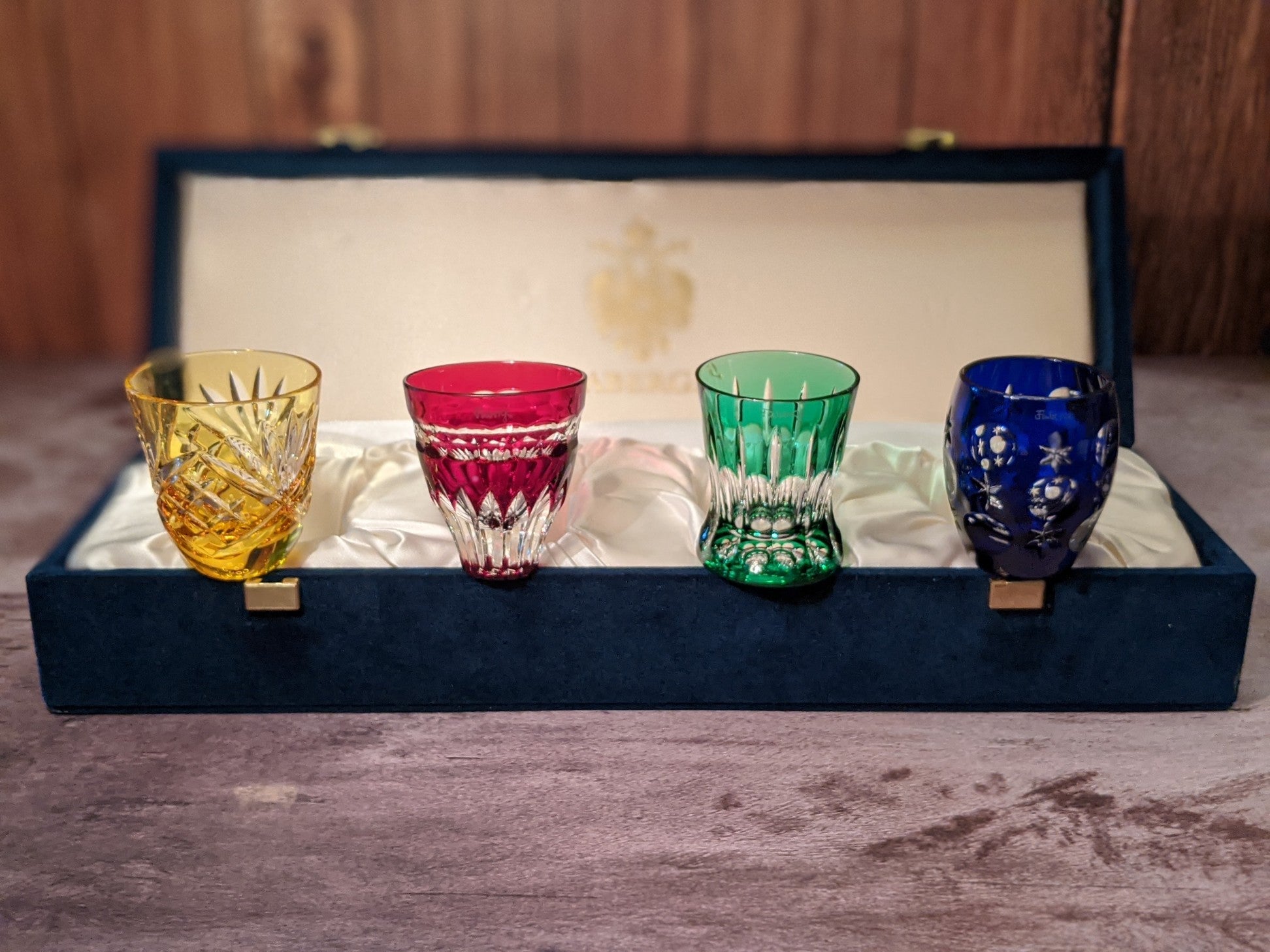 Faberge Crystal Colored Shot Glasses NIB