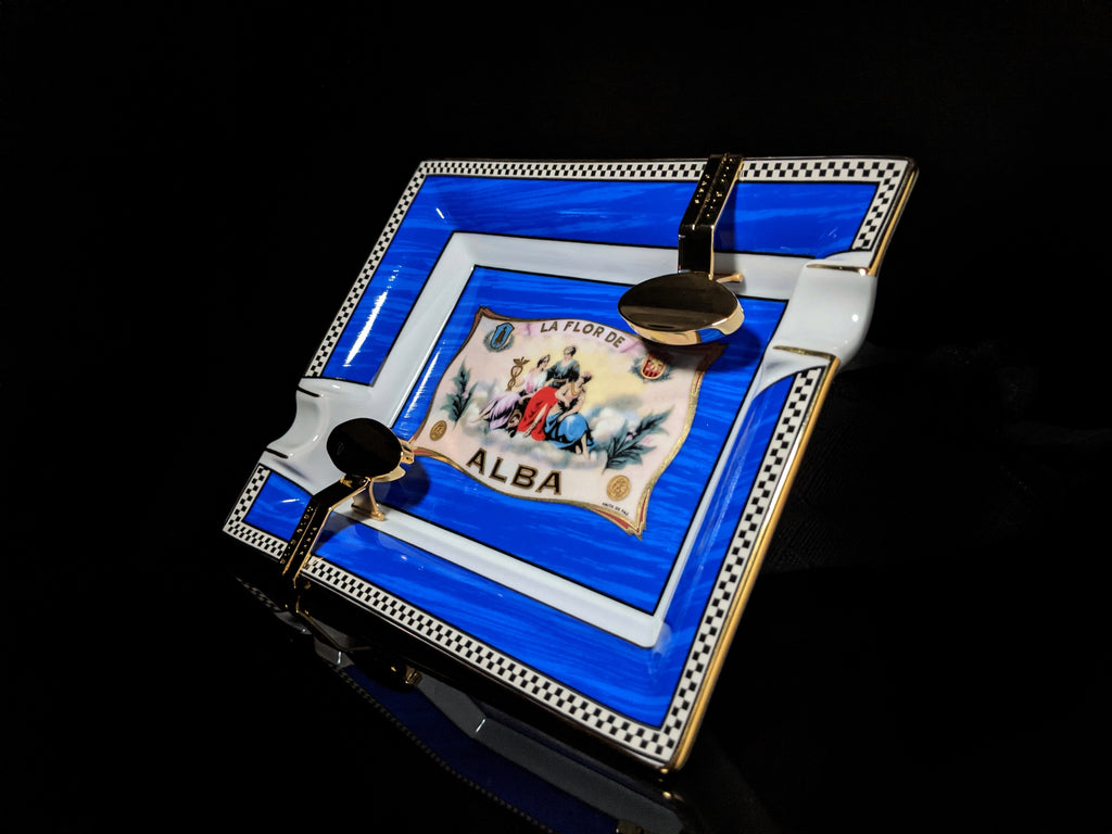 Elie Bleu Alba Porcelain Blue Ashtray with Gold Plated Rests NIB
