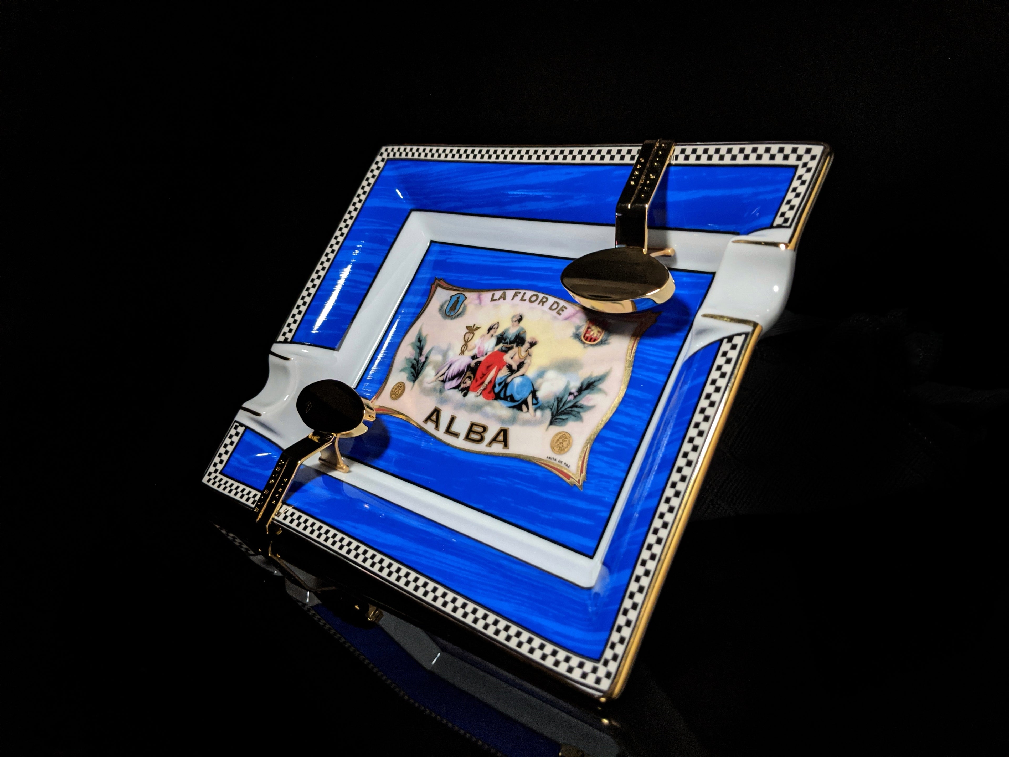 Elie Bleu Alba Porcelain Blue Ashtray with Gold Plated Rests NIB