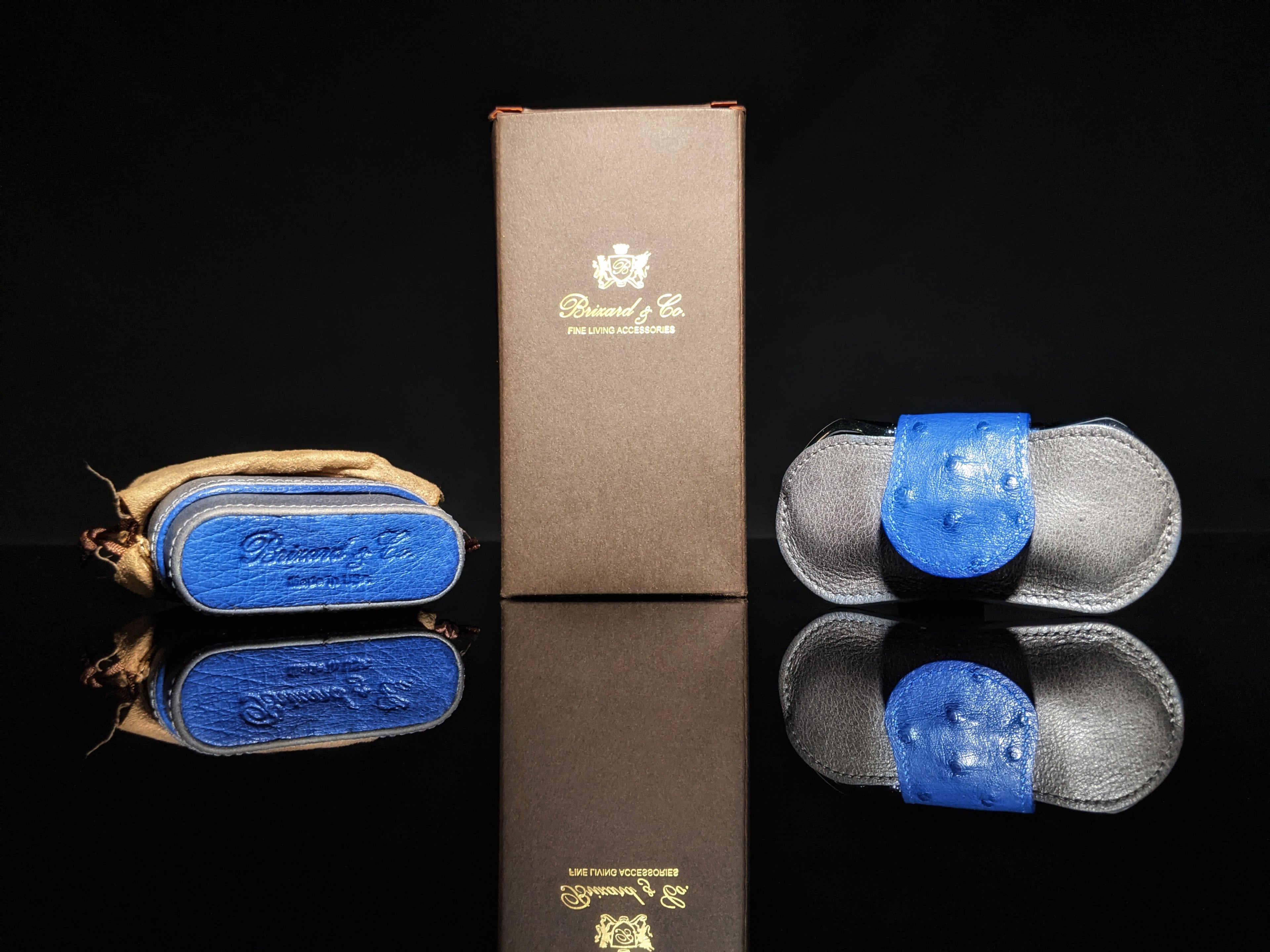 Brizard and Co. Blue Ostrich and Gray Leather Cigar Case and V-Cutter