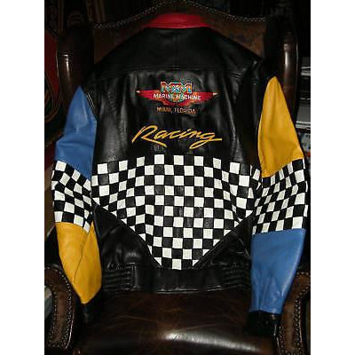 Leather jacket sales with checkered sleeves