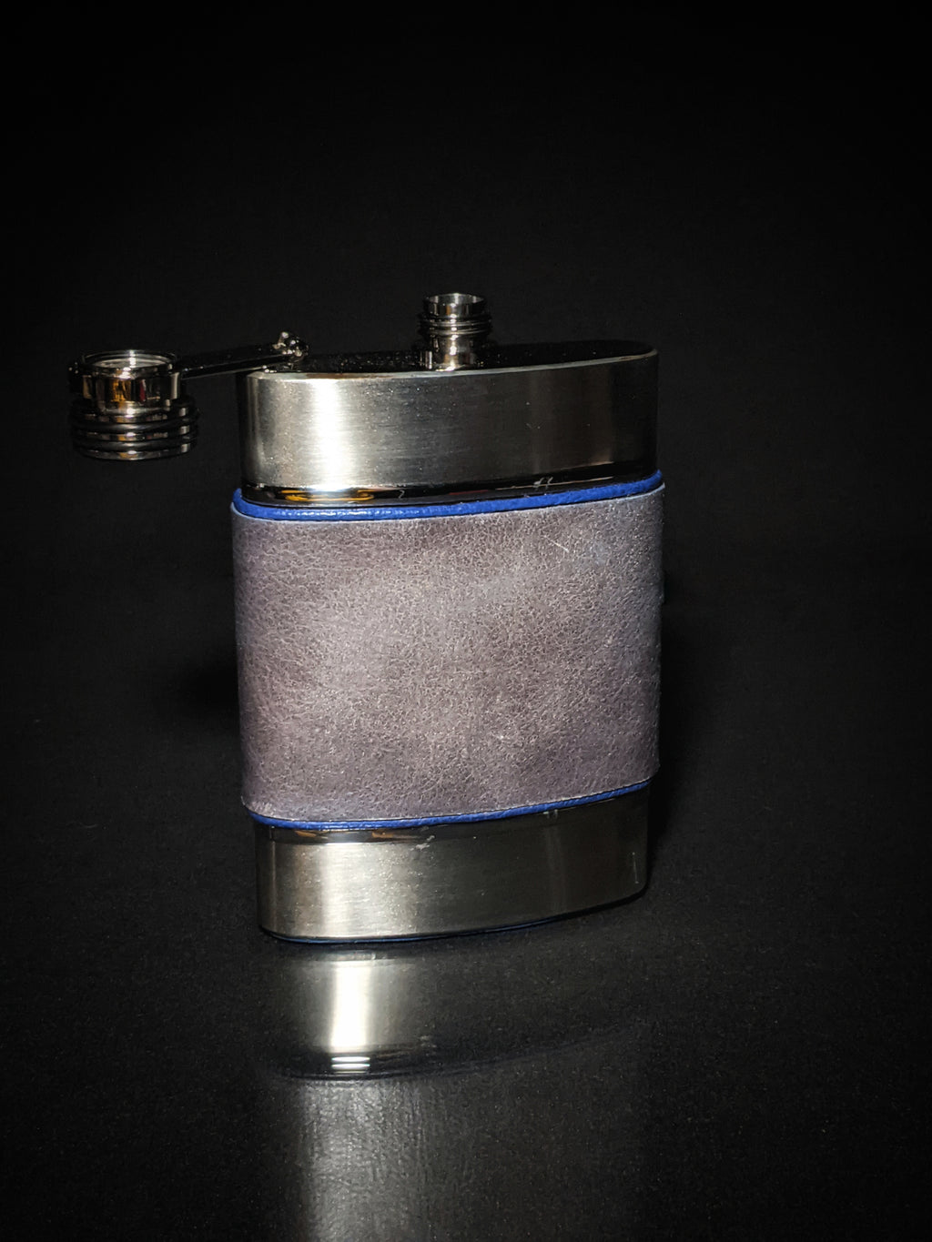 Brizard and Co. The 8 oz Flask -Full Grain Gray Leather and Blue Ostrich