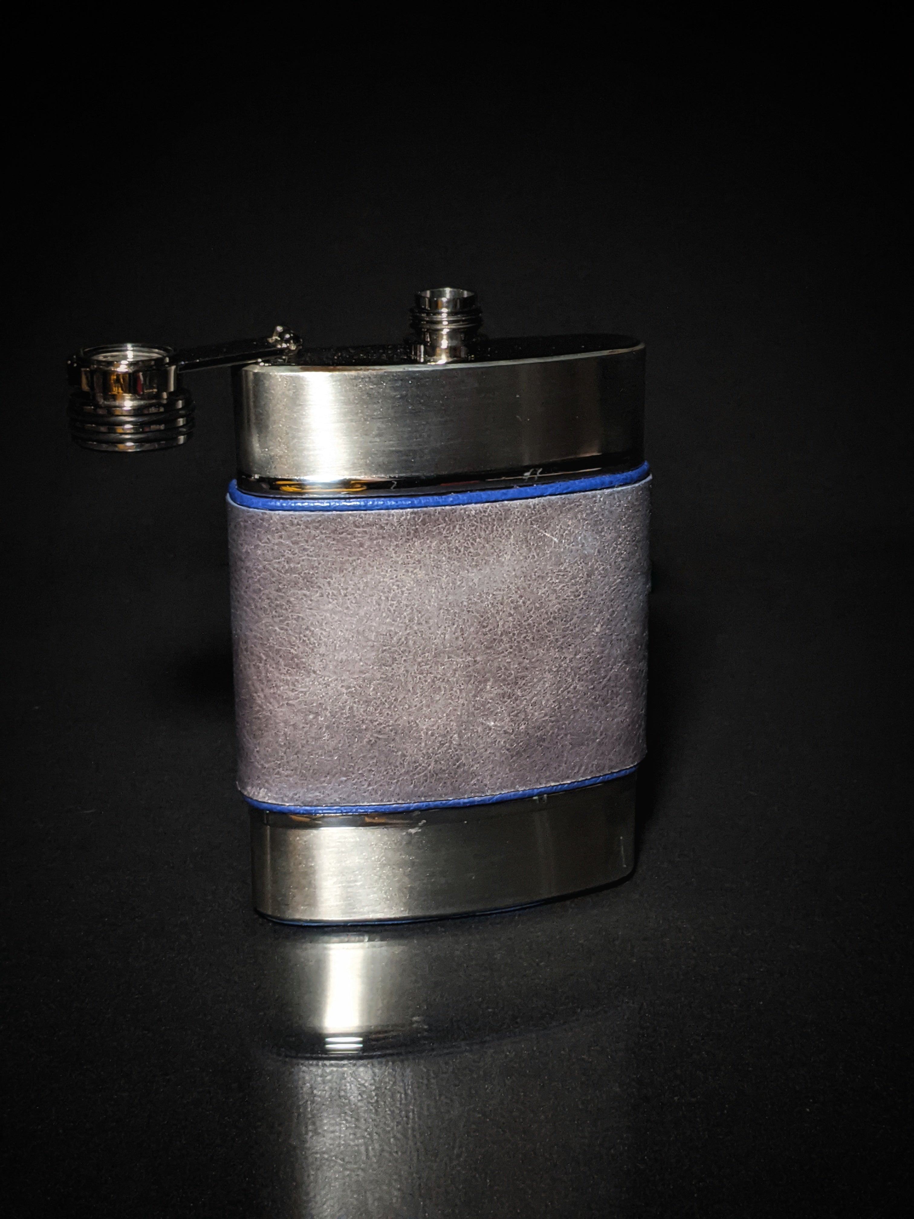 Brizard and Co. The 8 oz Flask -Full Grain Gray Leather and Blue Ostrich