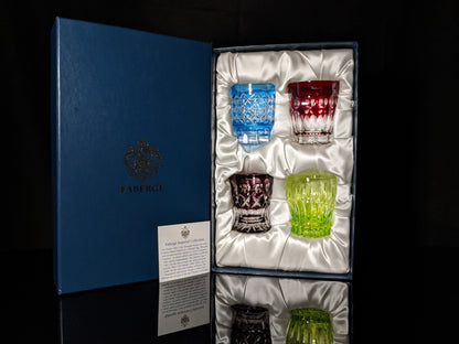 Faberge Crystal Colored Whiskey Glasses Set of 4 NIB