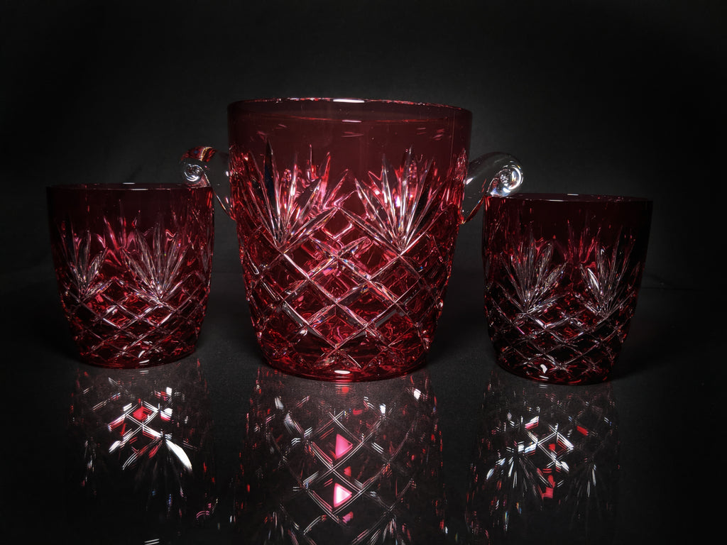 Faberge Odessa  Red Crystal Ice Bucket and Highball Glasses