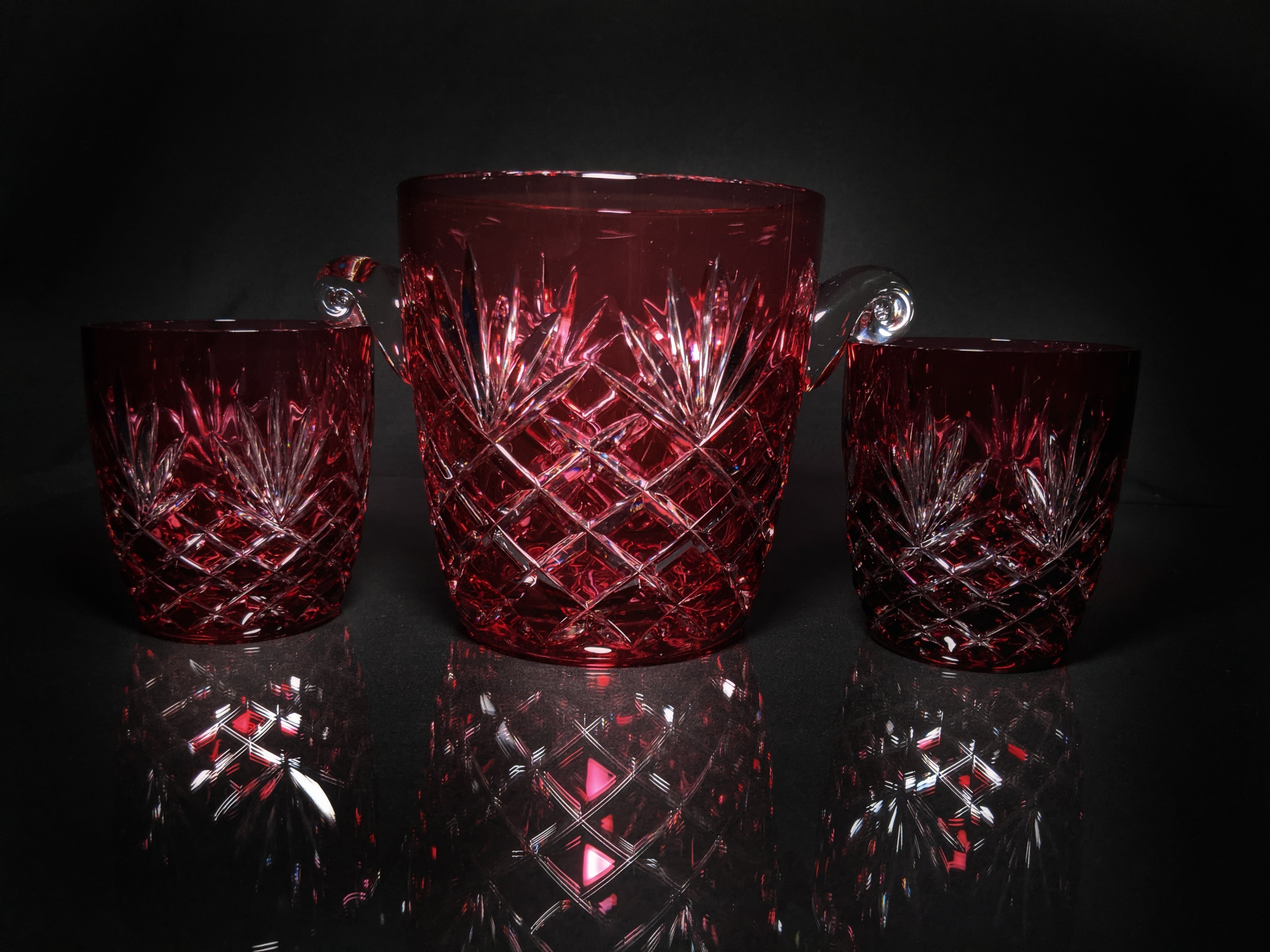 Faberge Odessa  Red Crystal Ice Bucket and Highball Glasses
