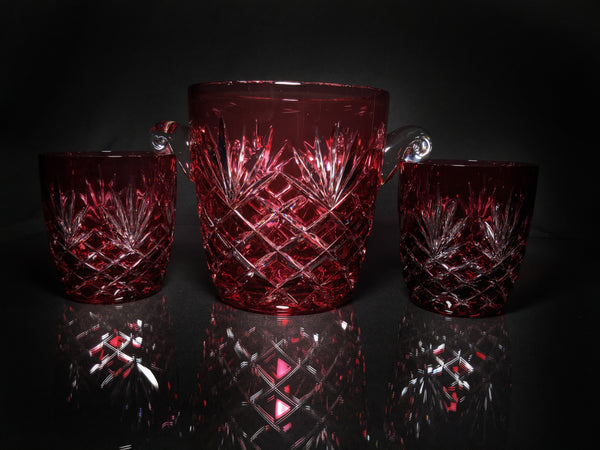 Faberge Odessa  Red Crystal Ice Bucket and Highball Glasses