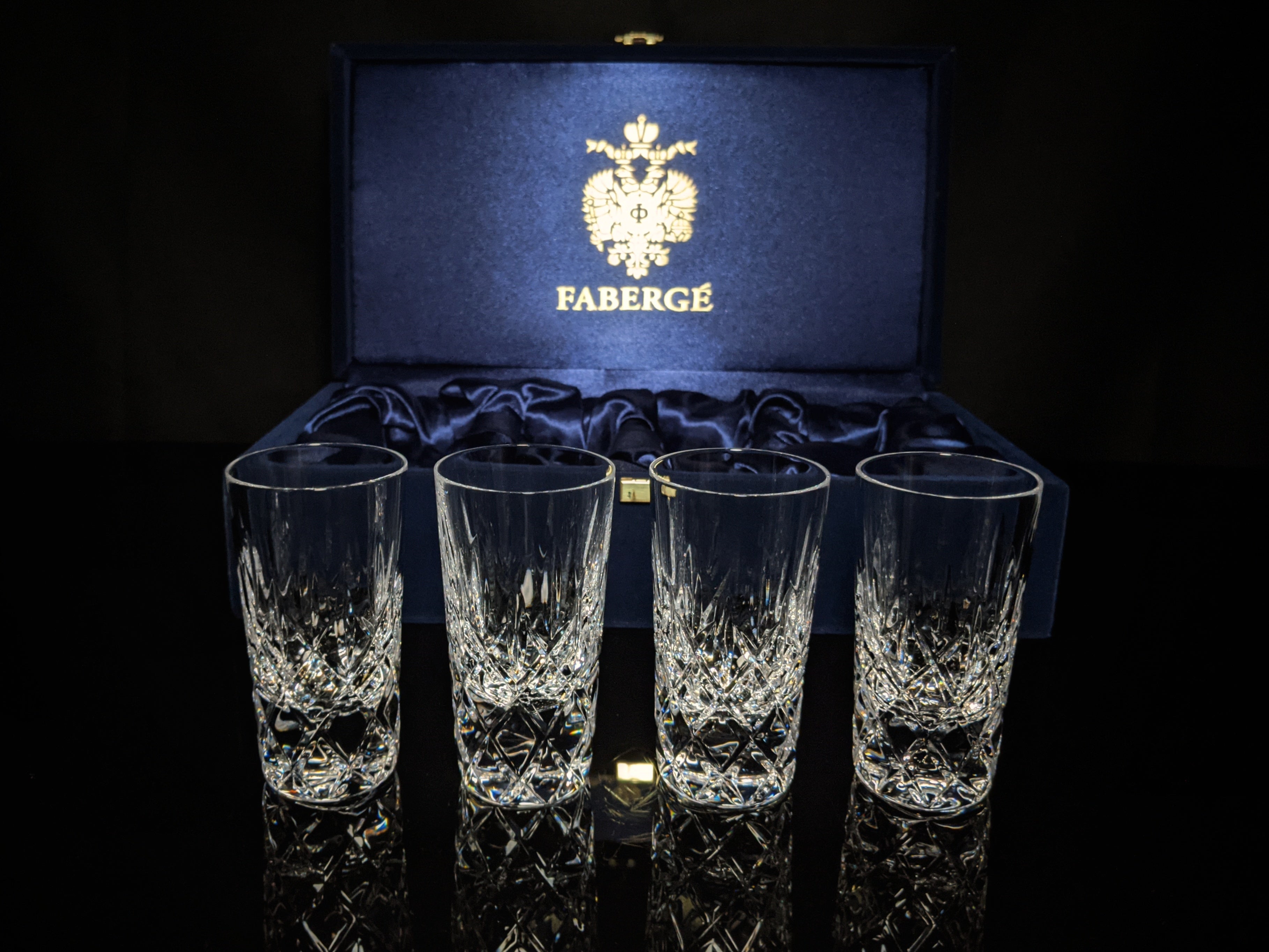 Faberge Vodka Clear Crystal Shot Glasses  Set of 4 NIB