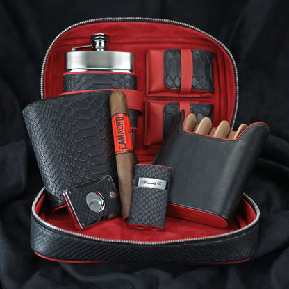 Havana Traveler -Black Python Pattern Leather, with cutter and lighter