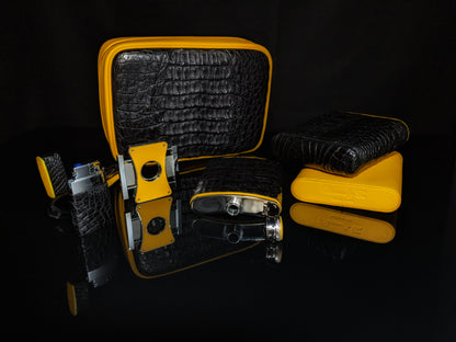 Brizard and Co Geniune Black Caiman Alligator and yellow leather with cutter and lighter