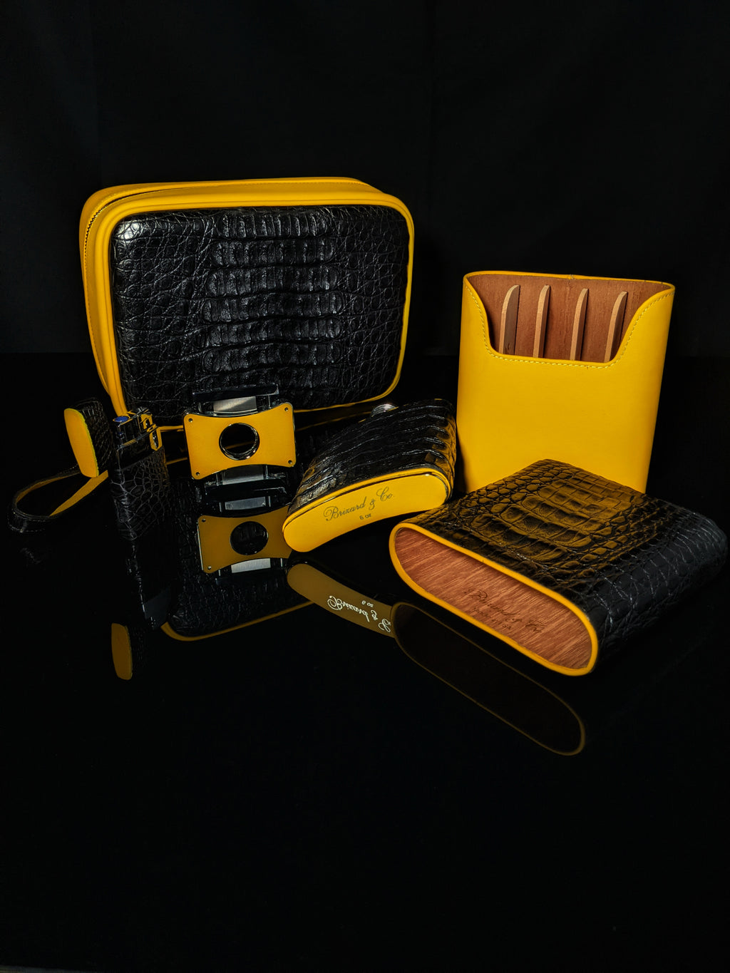 Brizard and Co. Havana Traveler — Genuine Black Caiman Alligator & Yellow Leather with Cutter & Lighter