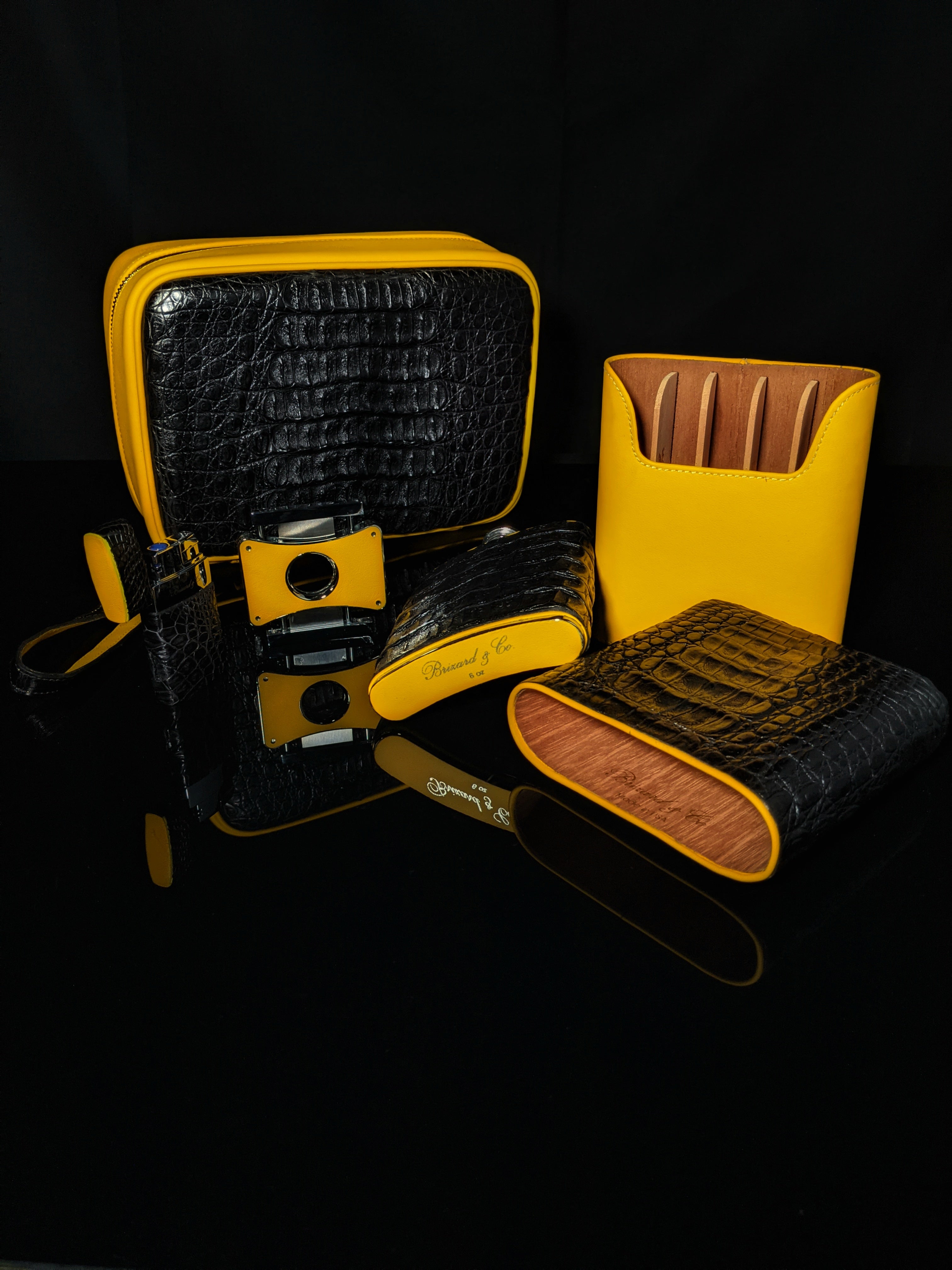Brizard and Co. Havana Traveler — Genuine Black Caiman Alligator & Yellow Leather with Cutter & Lighter