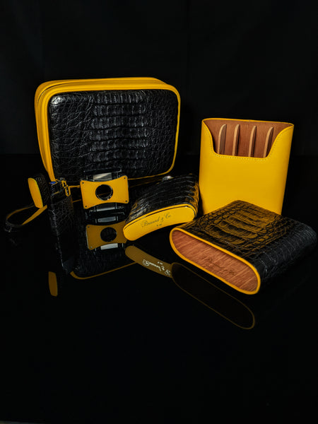 Brizard and Co Geniune Black Caiman Alligator and yellow leather with cutter and lighter
