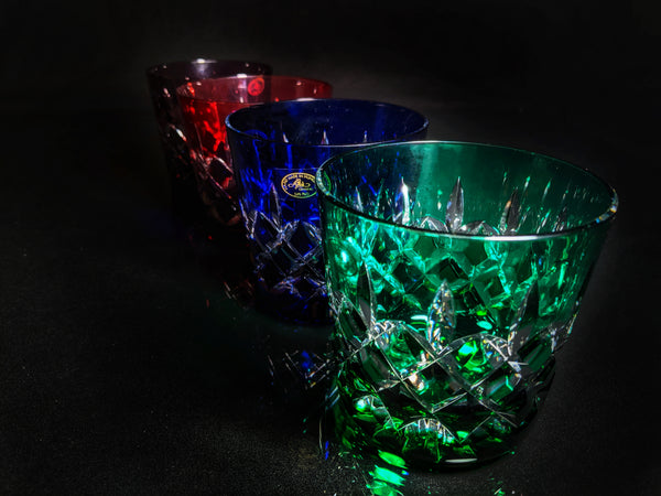 AJKA Colored Crystal Old Fashioned Glassess with Ice Bucket