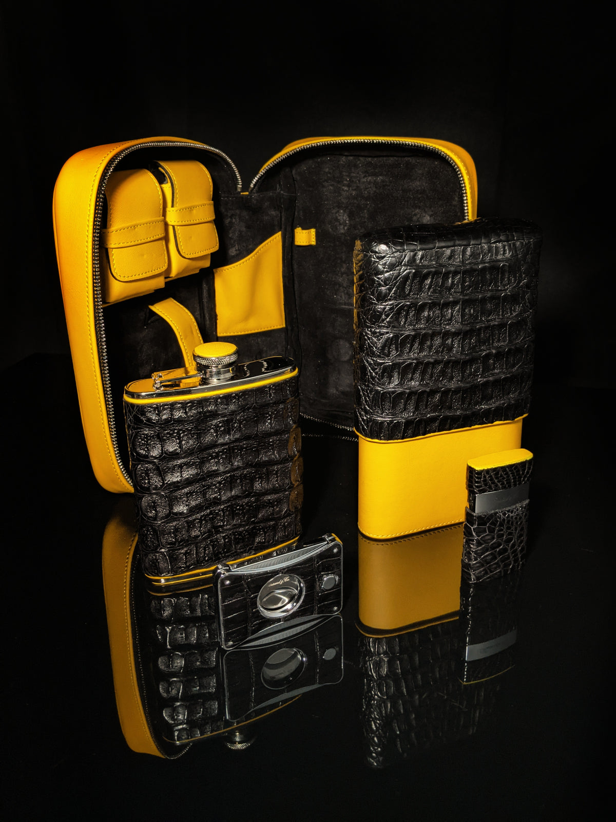 Brizard and Co. Havana Traveler — Genuine Black Caiman Alligator & Yellow Leather with Cutter & Lighter