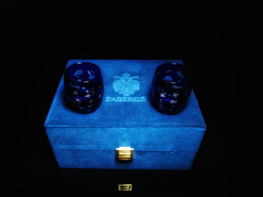 Faberge Galaxy Cobalt Blue Crystal Shot Glasses  Set of 2 NIB