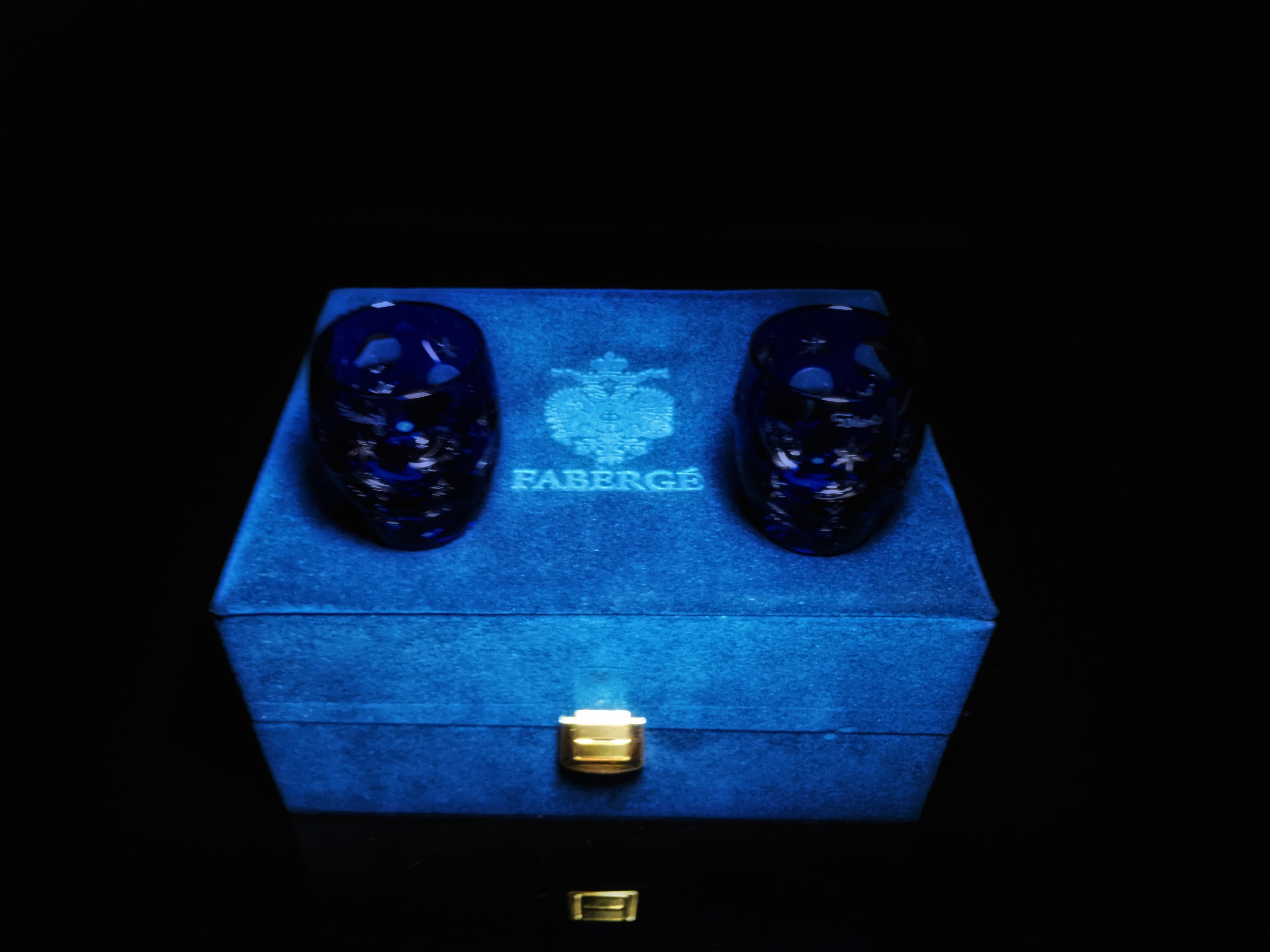Faberge Galaxy Cobalt Blue Crystal Shot Glasses  Set of 2 NIB