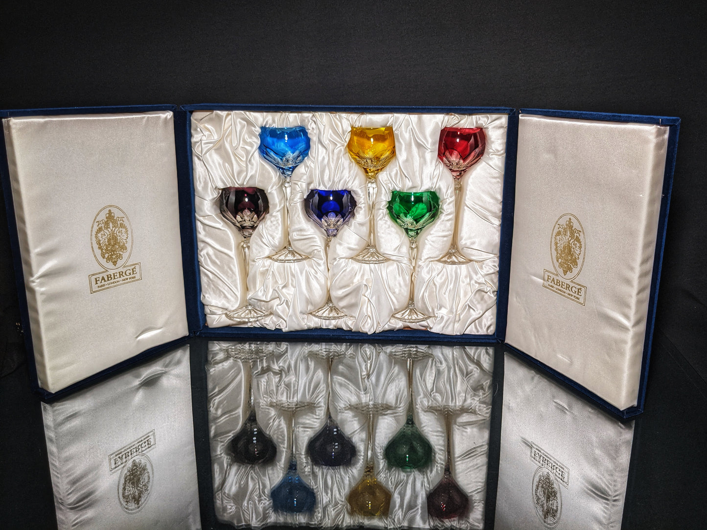 Faberge Colored Crystal Lausanne Hock Glasses. 8 1/2" H x 3 1/4" W