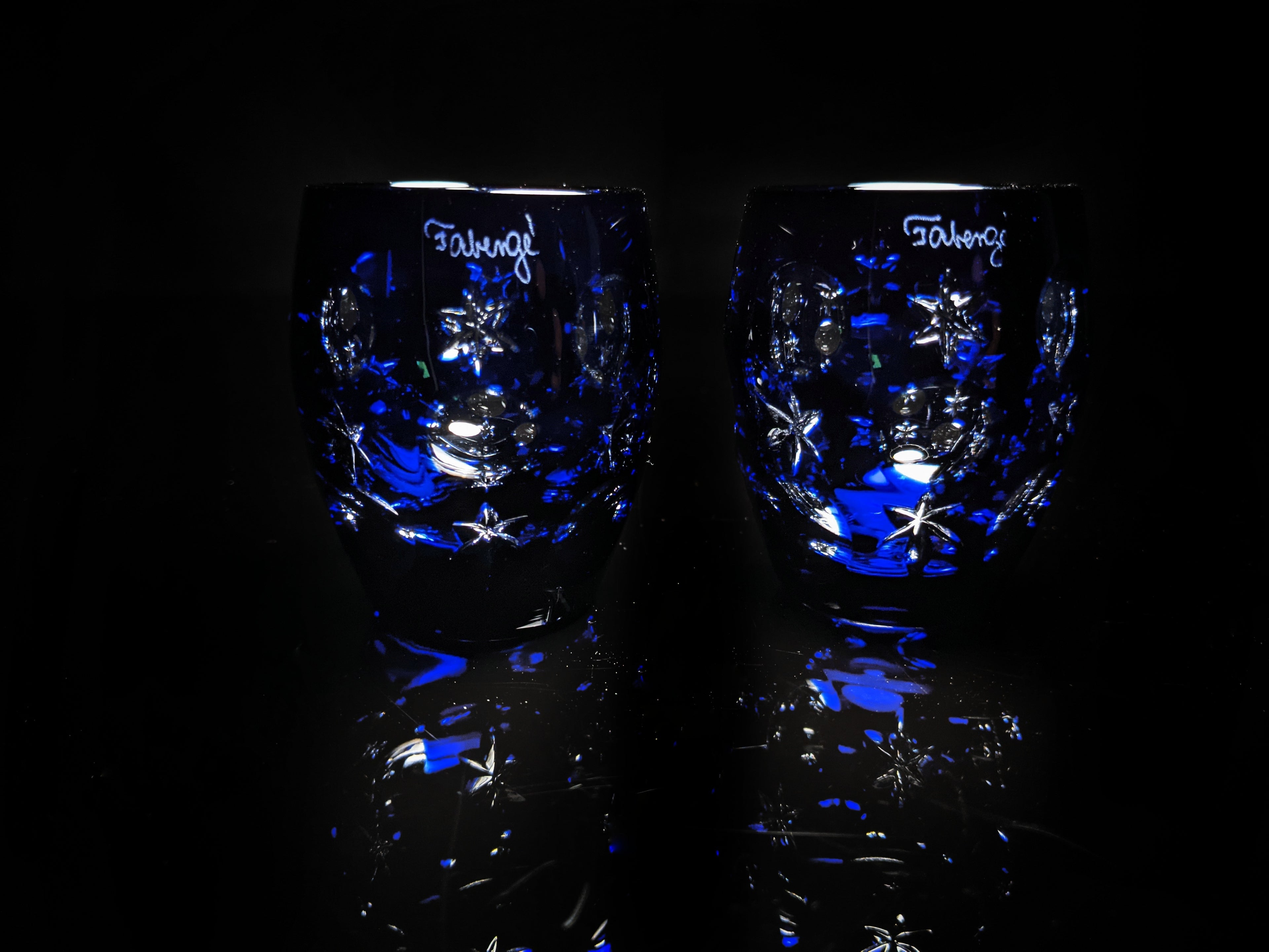 Faberge Galaxy Cobalt Blue Crystal Shot Glasses  Set of 2 NIB