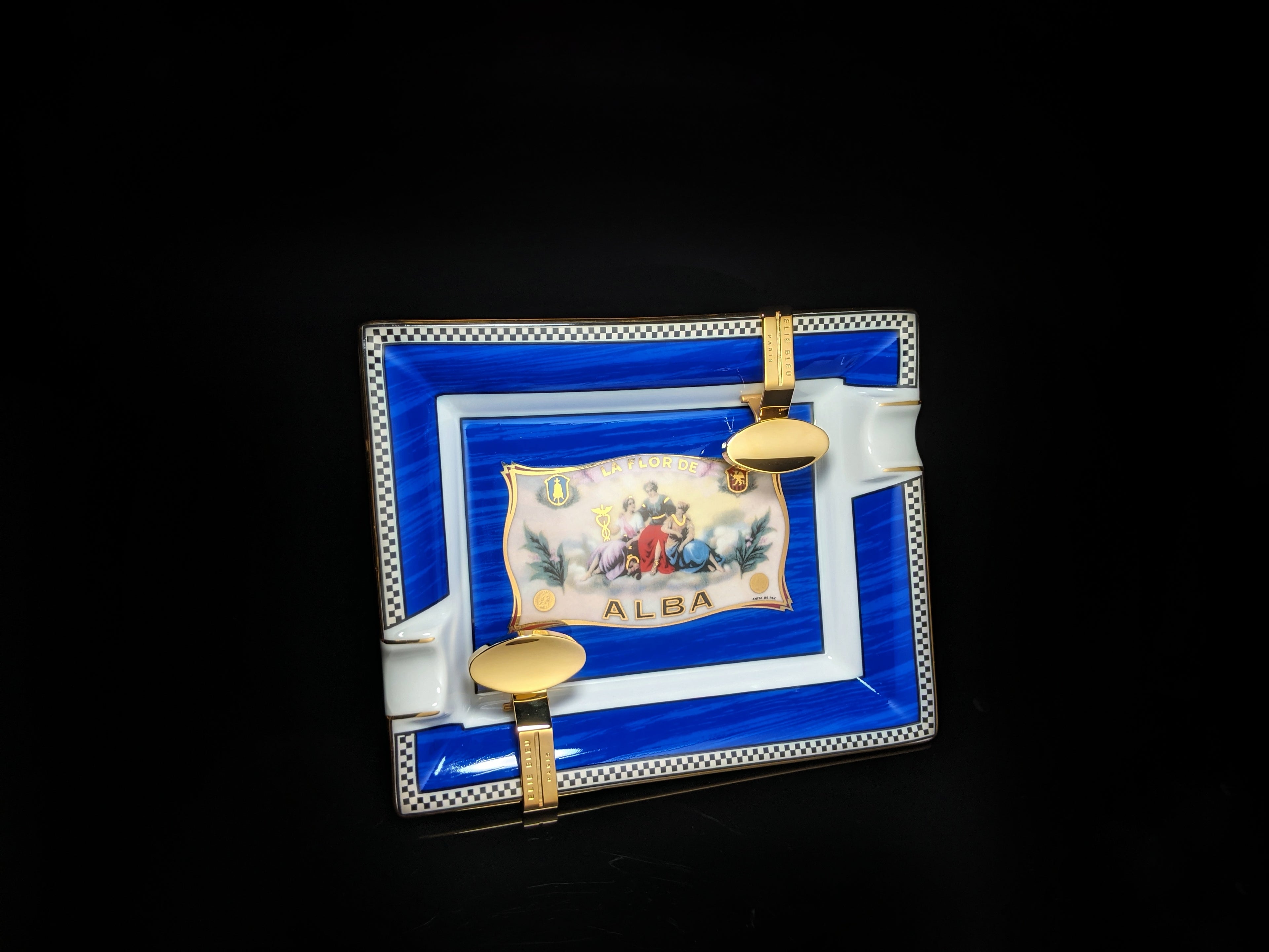 Elie Bleu Alba Porcelain Blue Ashtray with Gold Plated Rests NIB