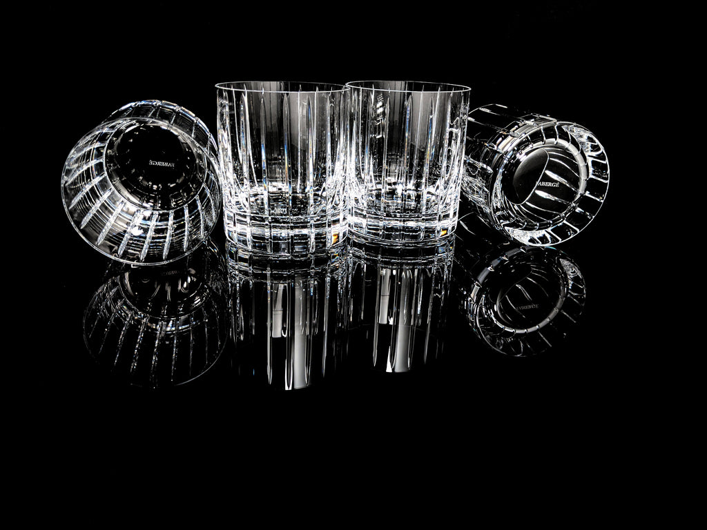 Faberge Atelier Crystal Collection  Highball Glasses set of 4 NIB  5 1/4" H x 2 7/8" W