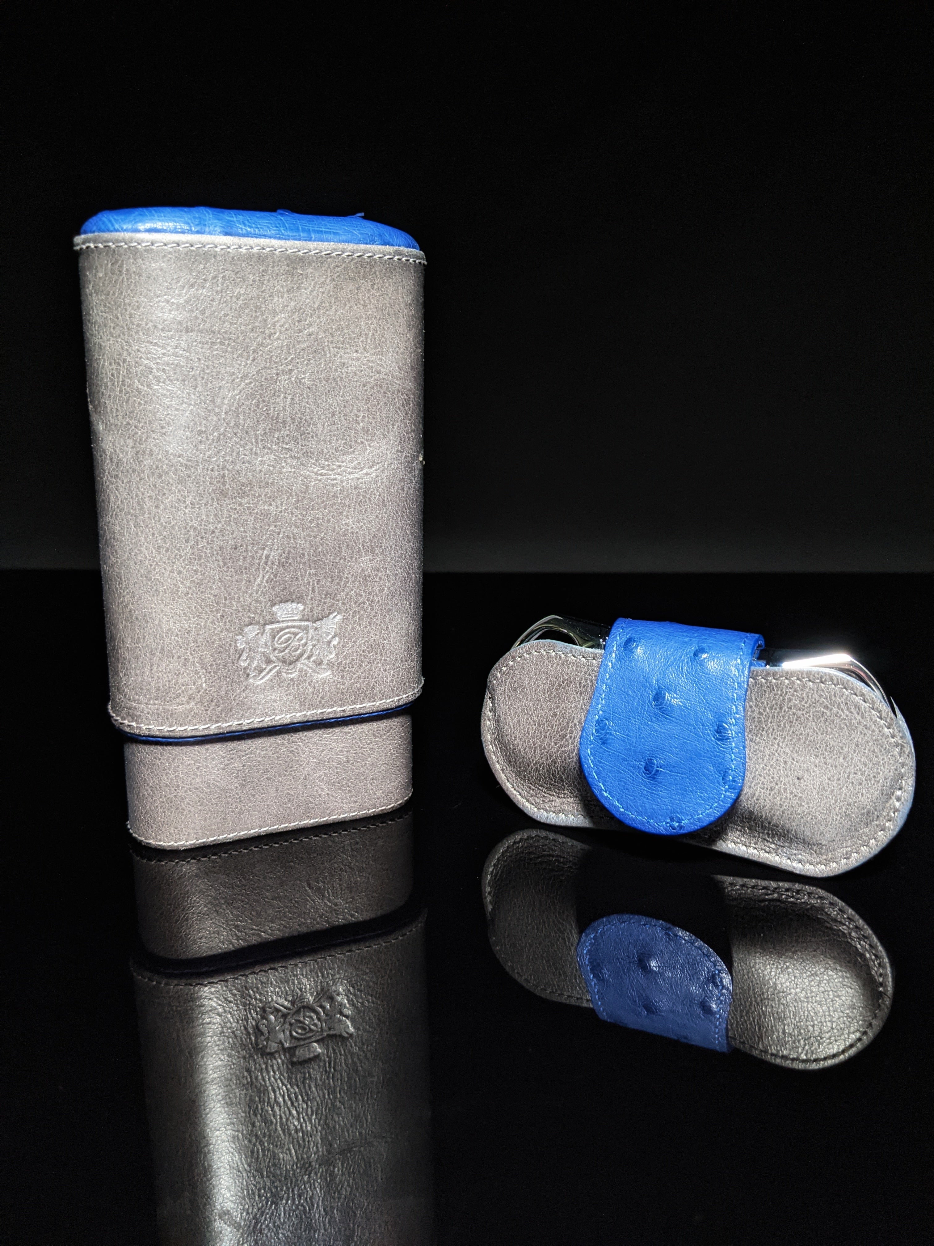Brizard and Co. Blue Ostrich and Gray Leather Cigar Case and V-Cutter