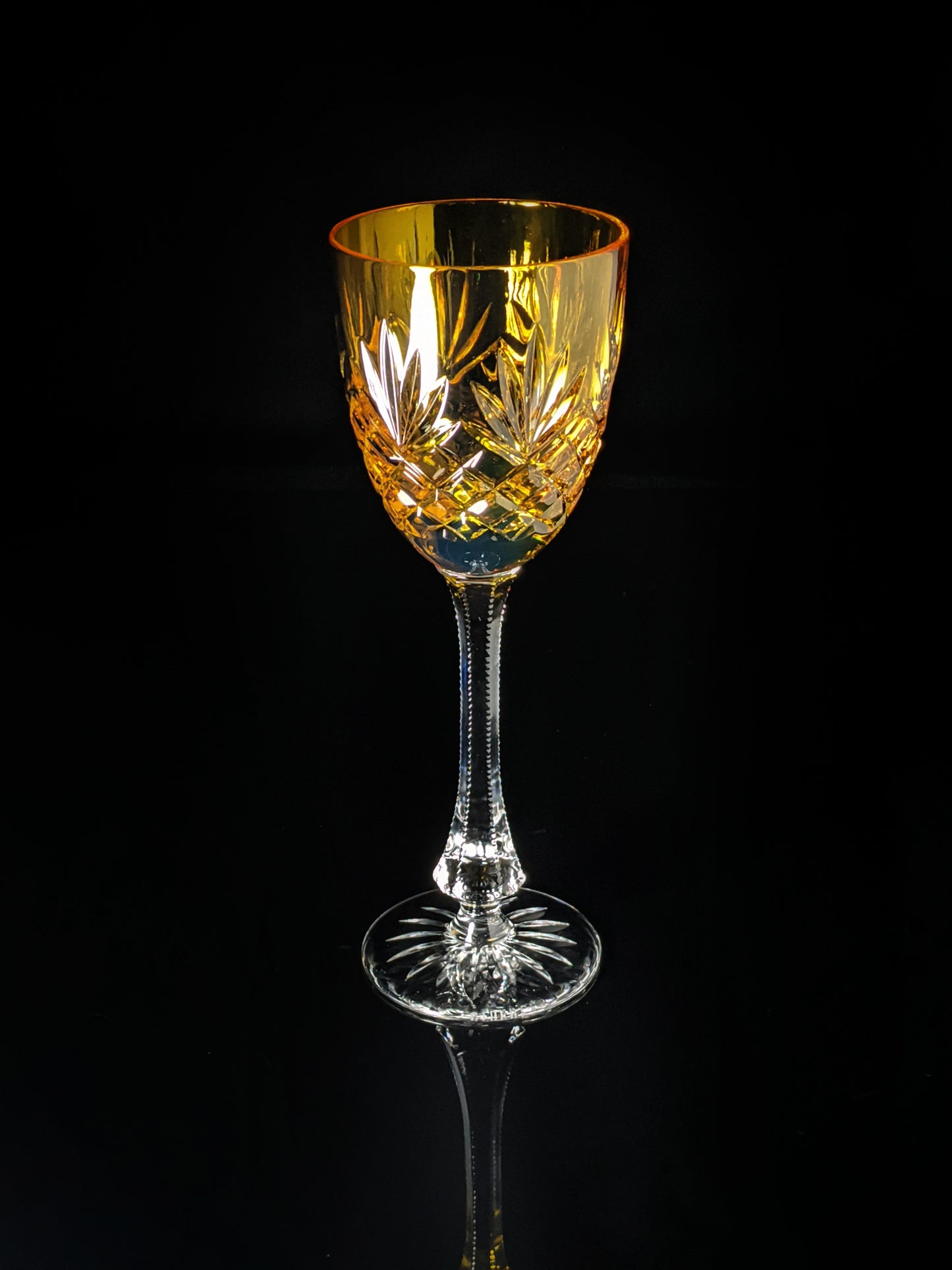 Faberge | Yellow Gold Odessa Hock Crystal Wine Glass. 8 3/8 H by 3" Rim