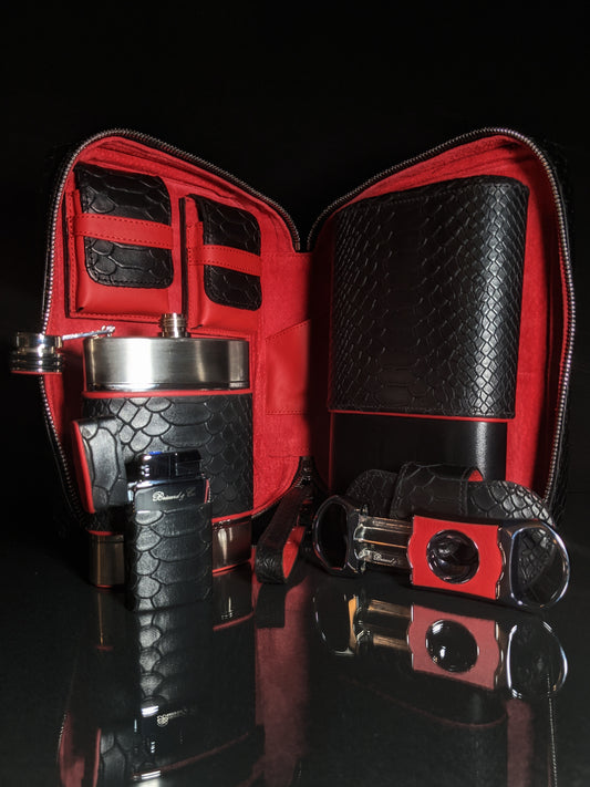 Brizard and Co Havana Traveler in Black Python Pattern and Red Leather Combo