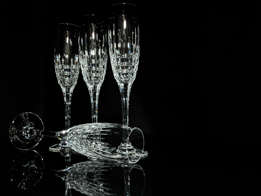 Faberge Crown Clear Cut Crystal Champagne Flutes Set of 6 NIB