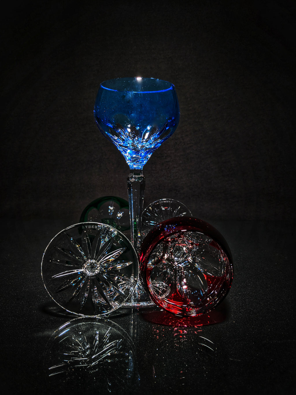 Faberge Colored Crystal Lausanne Hock Glasses. 8 1/2" H x 3 1/4" W