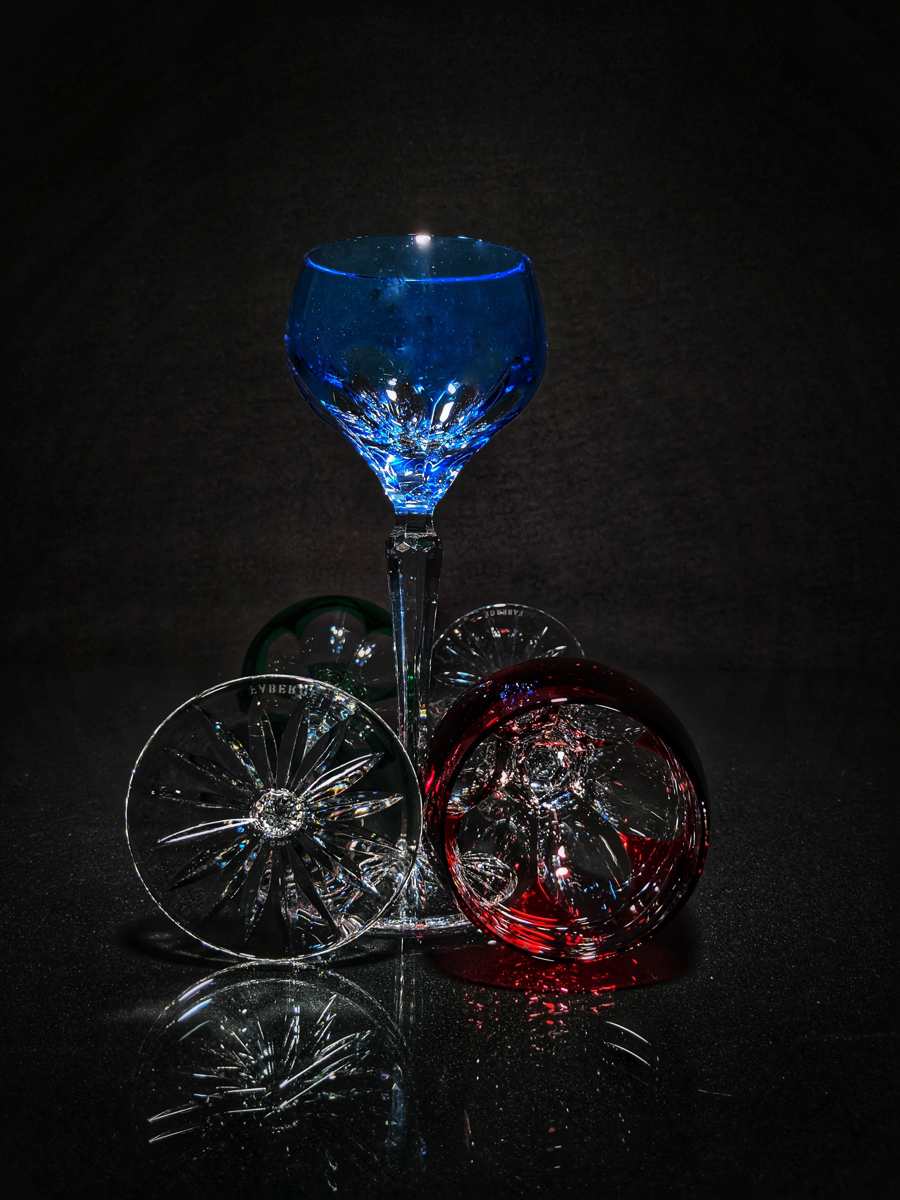 Faberge Colored Crystal Lausanne Hock Glasses. 8 1/2" H x 3 1/4" W