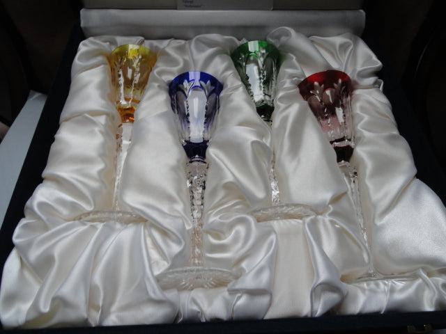 Faberge Palais Royal Colored Crystal Cordial Glasses Signed by Tatiana Faberge set of 4 NIB