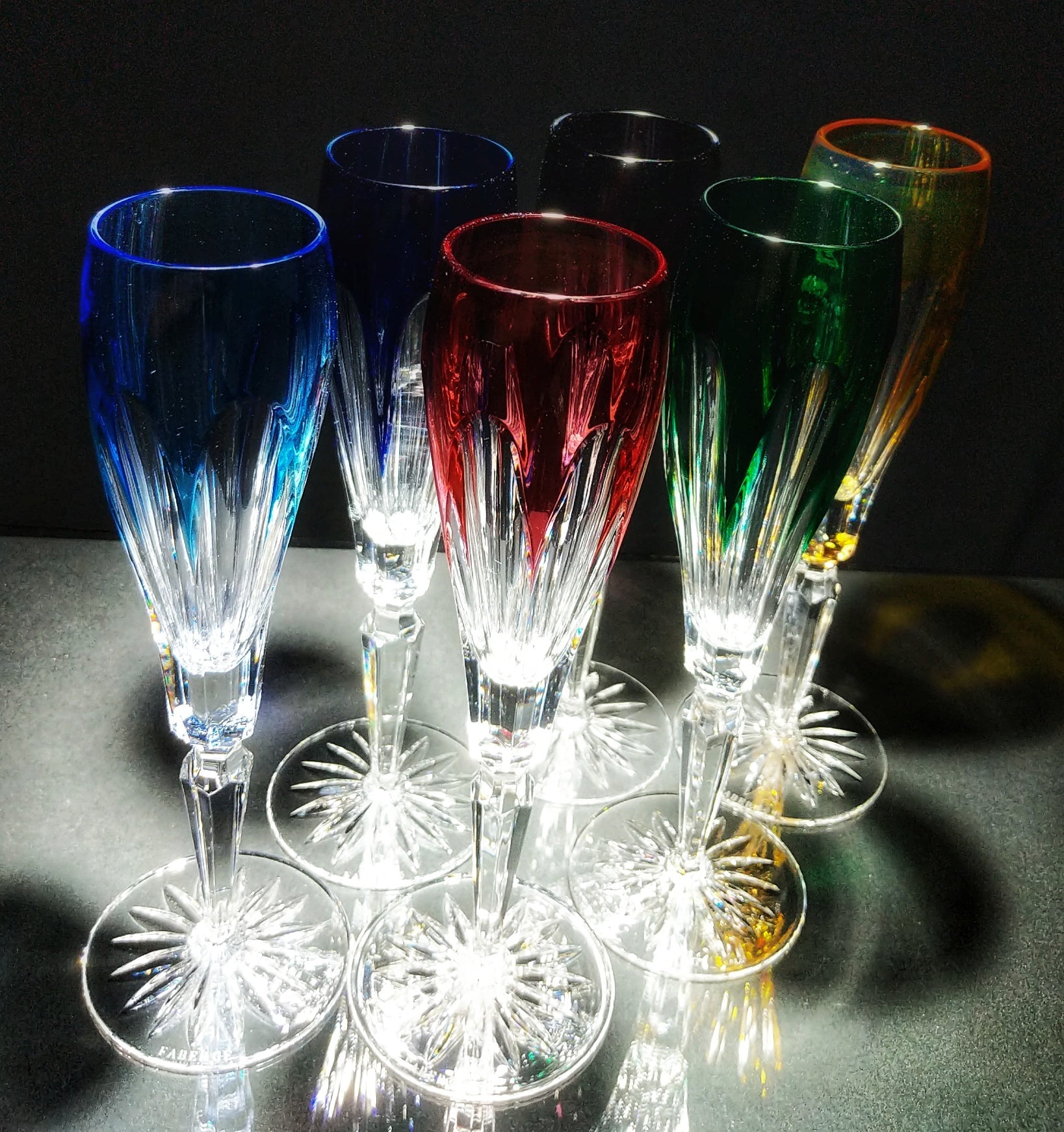 Faberge Lausanne Crystal Colored Champagne Flutes