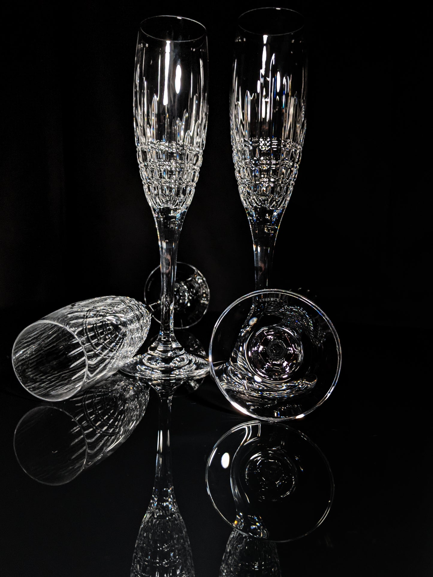 Faberge Crown Clear Cut Crystal Champagne Flutes Set of 6 NIB