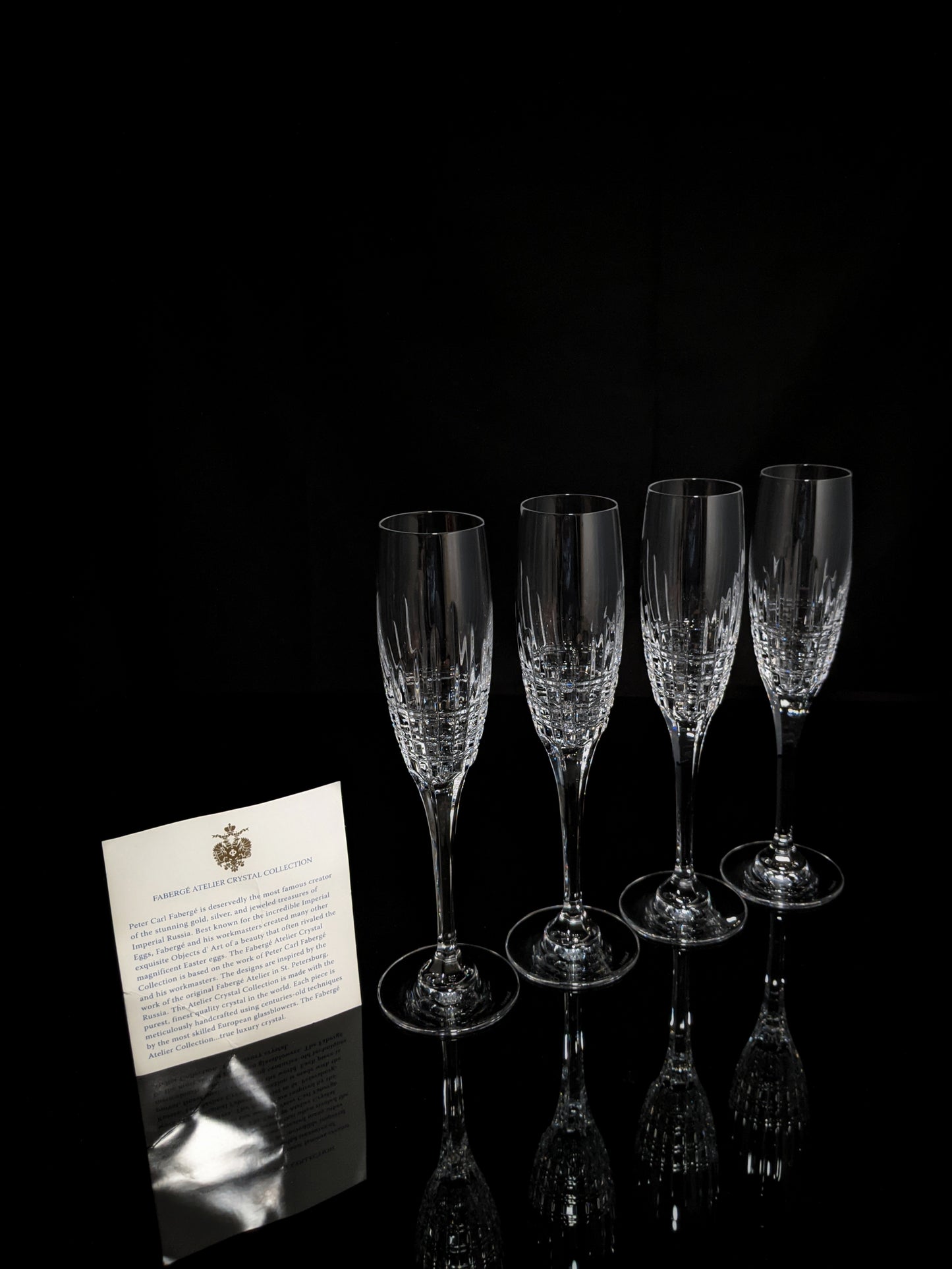 Faberge Crown Clear Cut Crystal Champagne Flutes Set of 6 NIB