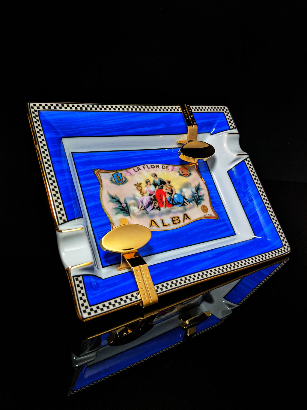 Elie Bleu Alba Porcelain Blue Ashtray with Gold Plated Rests NIB