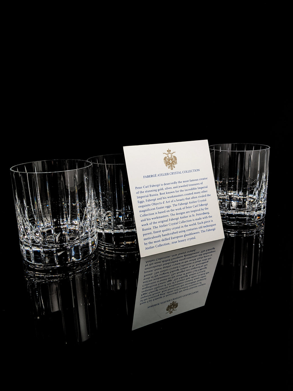 Faberge Atelier Crystal Collection  Highball Glasses set of 4 NIB  5 1/4" H x 2 7/8" W