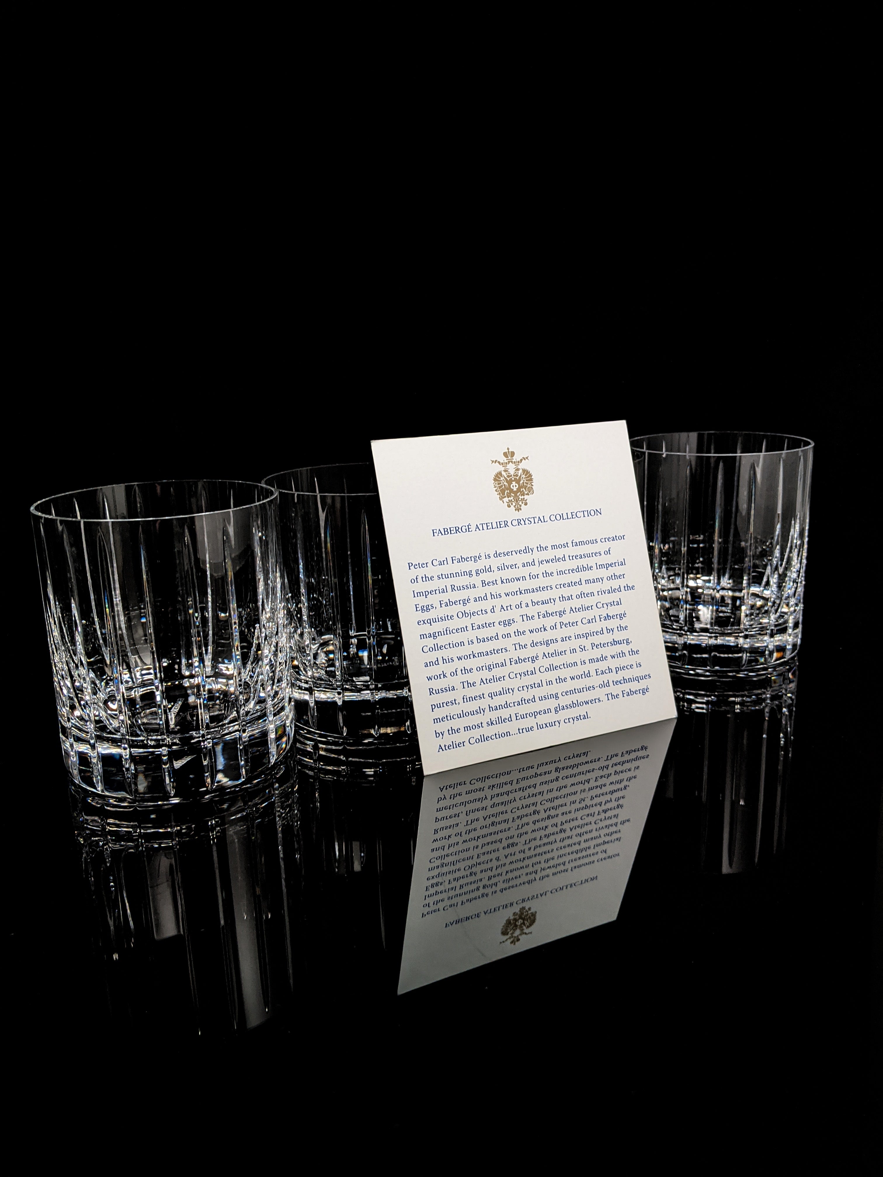 Faberge Atelier Crystal Collection  Highball Glasses set of 4 NIB  5 1/4" H x 2 7/8" W