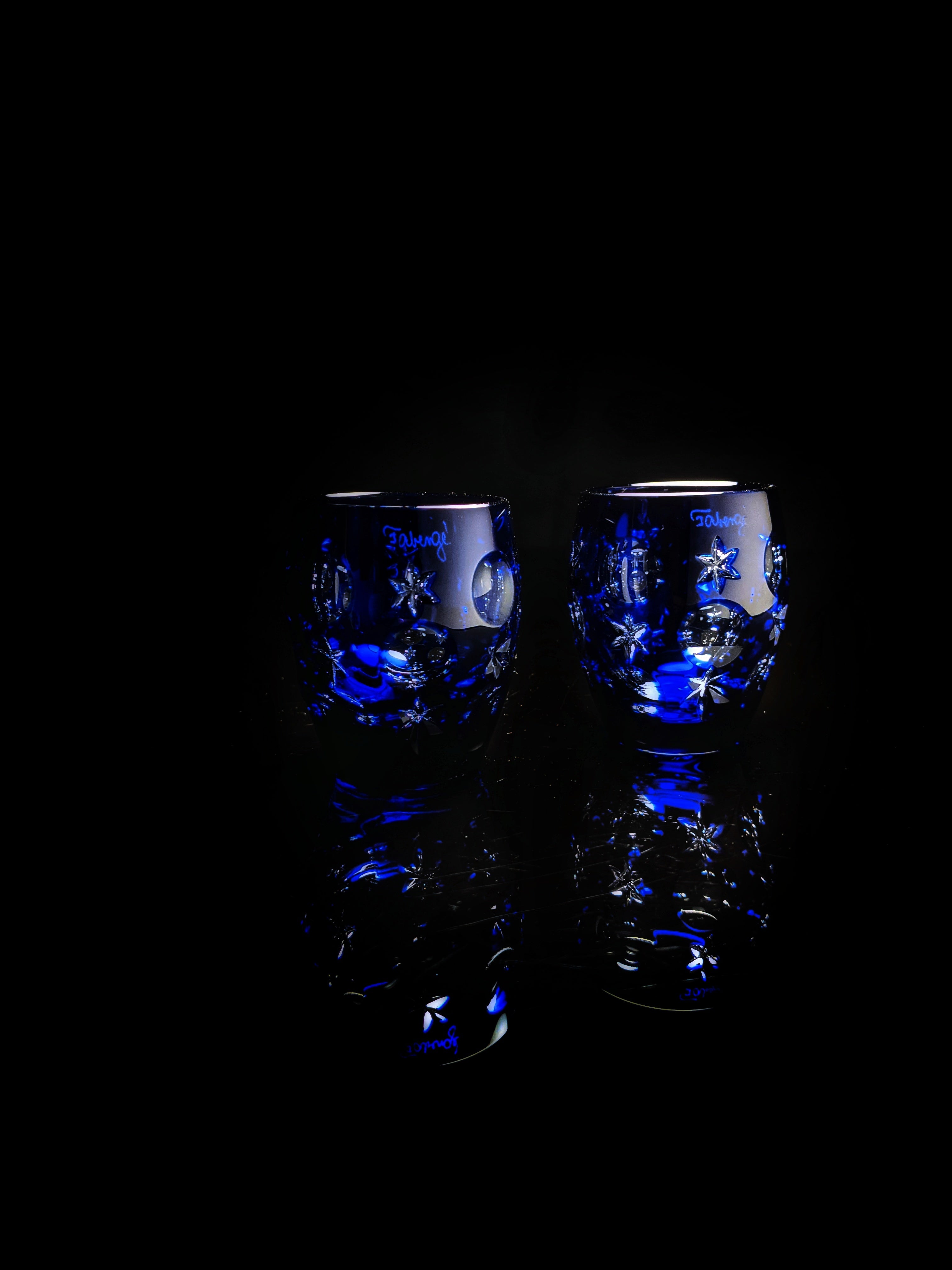 Faberge Galaxy Cobalt Blue Crystal Shot Glasses  Set of 2 NIB