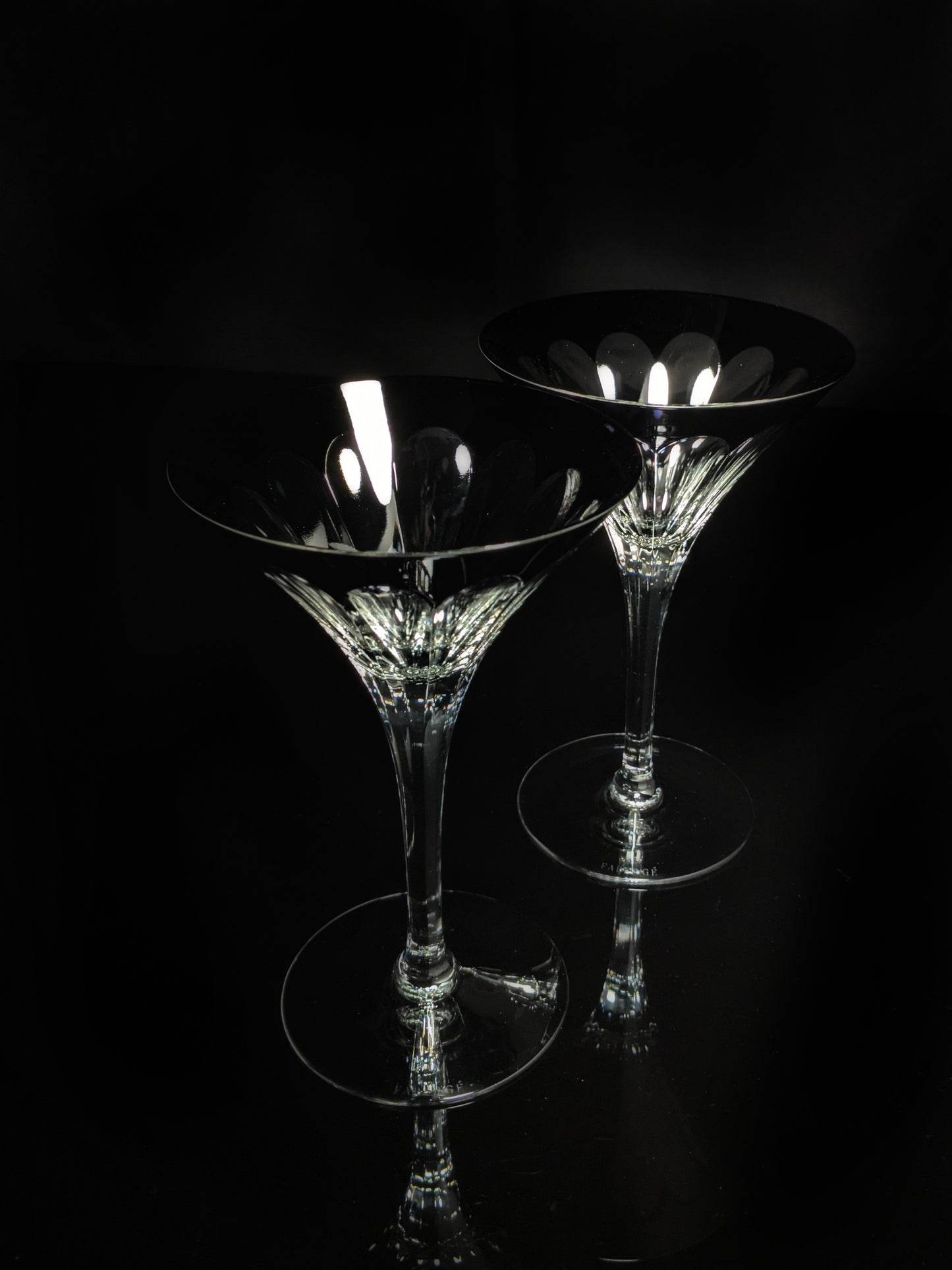 Faberge Martini Black Crystal Glasses set of 2 with the  original Faberge presentation case