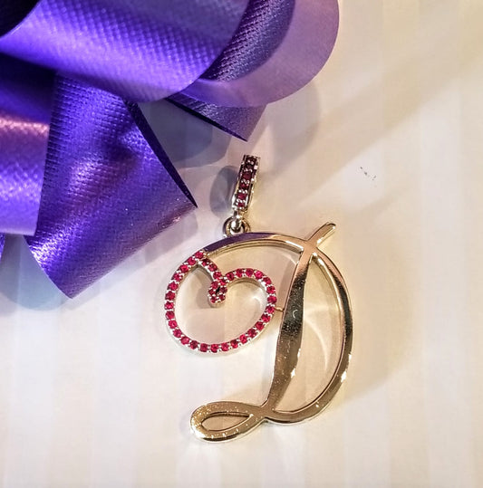 LARGE AND BOLD 18K YELLOW GOLD AND NATURAL RUBY INITIAL PENDANT