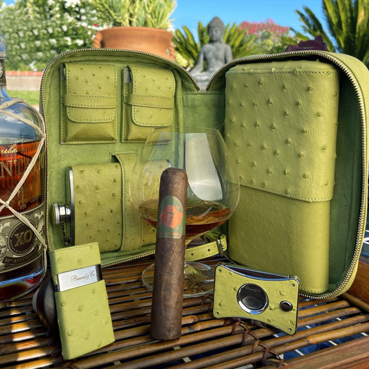 Havana Traveler in Genuine Ostrich Matcha Green with cutter and lighter