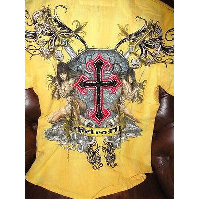 Retrofit  Large Short Sleeve Shirt Yellow  with Embroidery Front & Back